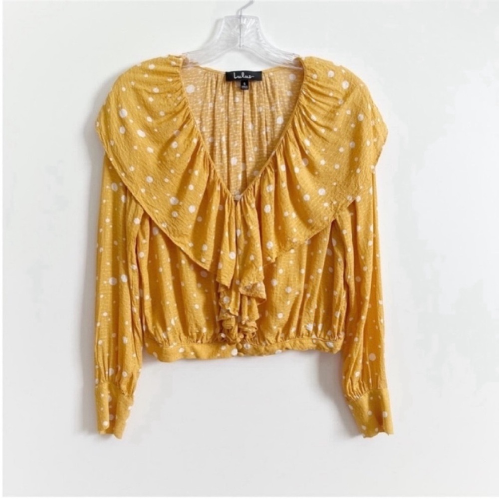 Lulu's West End Long Sleeve Top yellow mustard polka dots ruffled cropped - Picture 2 of 10